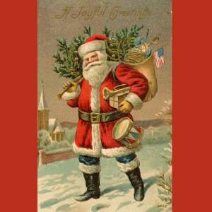 Vintage Christmas card showing Santa with tree